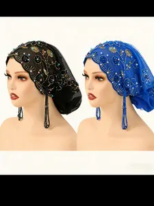 2-Piece Set Middle Eastern Women's Elegant Double-Layer Lace Beaded Print Headscarf Scarf Shawl, Daily Party Festival Birthday Accessory