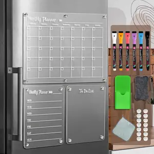 Dry Erase Board for Fridge,Set of 3 Transparent Planning Boards for Monthly Calendar, Weekly Includes 6 Dry Erase Markers, 1 Eraser and  Pen Holder