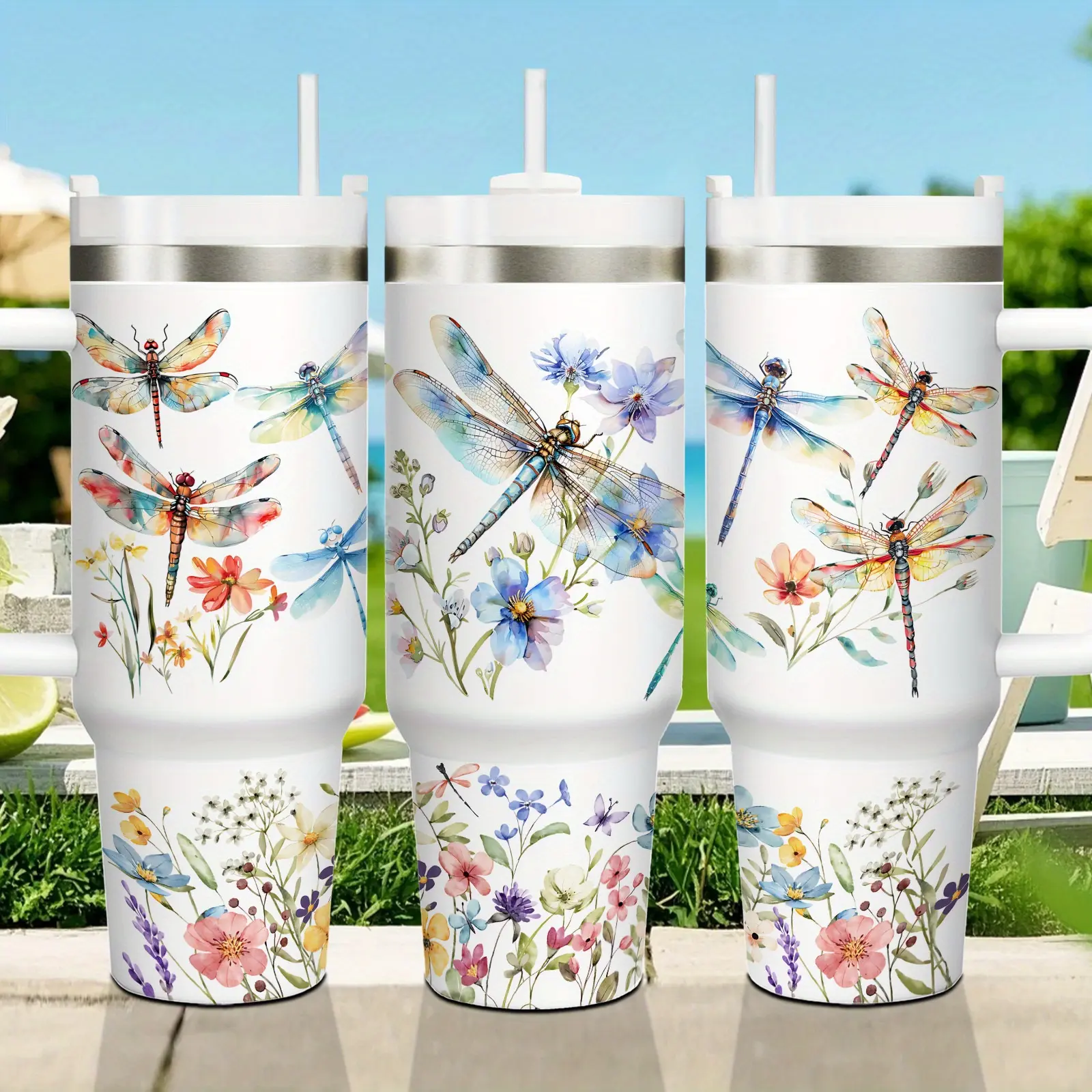 1pc 40oz Watercolor Dragonfly Garden Stainless Steel Cup with Lid & Straw. 12-hour heat retention and 24-hour cold insulation. Outdoor sports water bottle, perfect gift for girls, families and nature lovers. Ideal holiday gift, car cup, great for home and