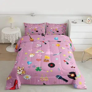 Music Theme Comforter Set,Girls Pop Singer Bedding Set,Kids Women Fashion Guitar Lipstick Down Comforter,Snake Flower Insert Pink Gift Duvet