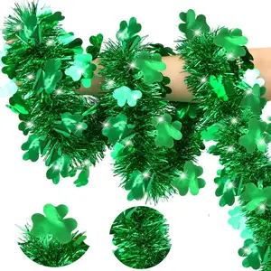 50 FT St Patricks Day Green Shamrock Tinsel Shiny Hanging Garland Decorations for Tree Mantel Home Indoor Irish Party Supplies