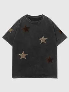 Unisex American Vintage Distressed Star Patch Short Sleeve Crewneck T-Shirt Man, High Street Streetwear Loose Drop Shoulder, Casual Daily Wear