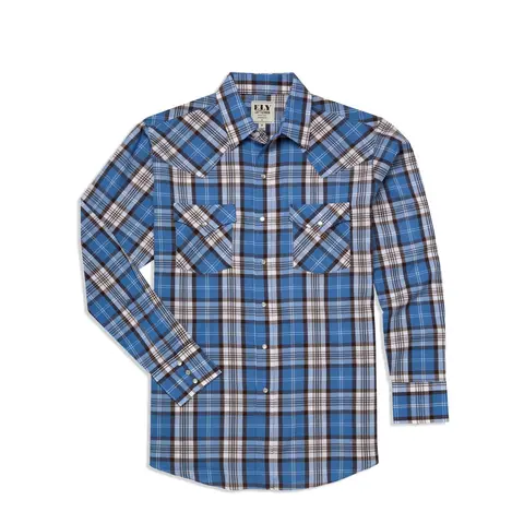 Men's Classic Ely Cattleman Western Plaid Long Sleeve Shirt - Cowboy Aesthetic, Polyester-Cotton Fabric, Y-Type, Brown Plaid, Blue & Brown Textured Check, Snap-Front, Pocketed Casual Menswear Top