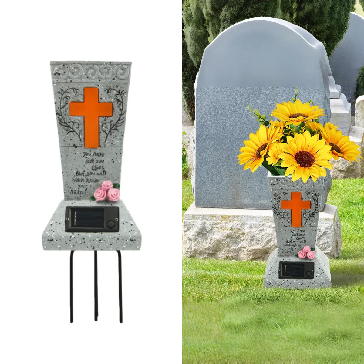 LED Solar Cemetery Cross Grave Vase - Durable Resin, Metal Spike - for Synthetic Flowers, Gravestone Decoration, Memorial Gift (Home Decor Ornaments)