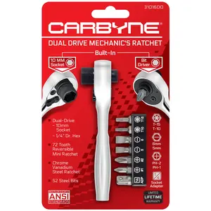 CARBYNE Dual Drive Mechanic's Ratchet with Built-In 10mm Socket and Bit Driver/Ratcheting Screwdriver (1/4" Drive) • 52 Steel Bits, ANSI Standard