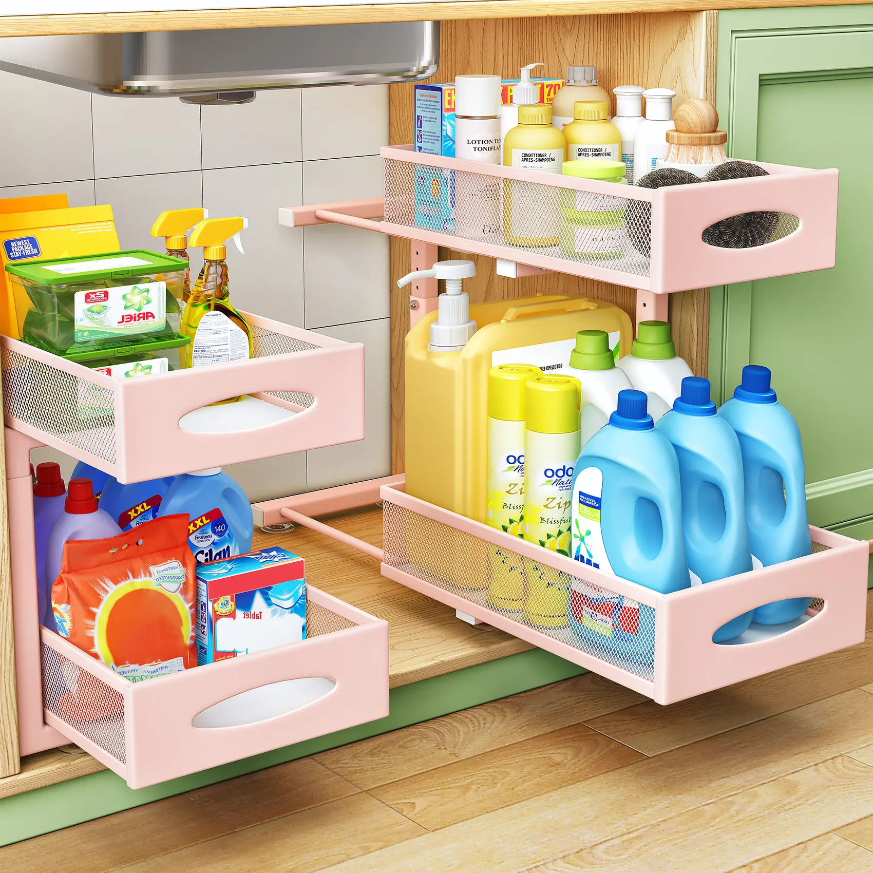Kitstorack Under Sink Organizer, 2 Tier Pull out Cabinet Organizer Baskets with Mesh Sliding Drawers, Slide out Storage Shelf for Home, Kitchen, Bathroom, Pantry, Office Cabinet,