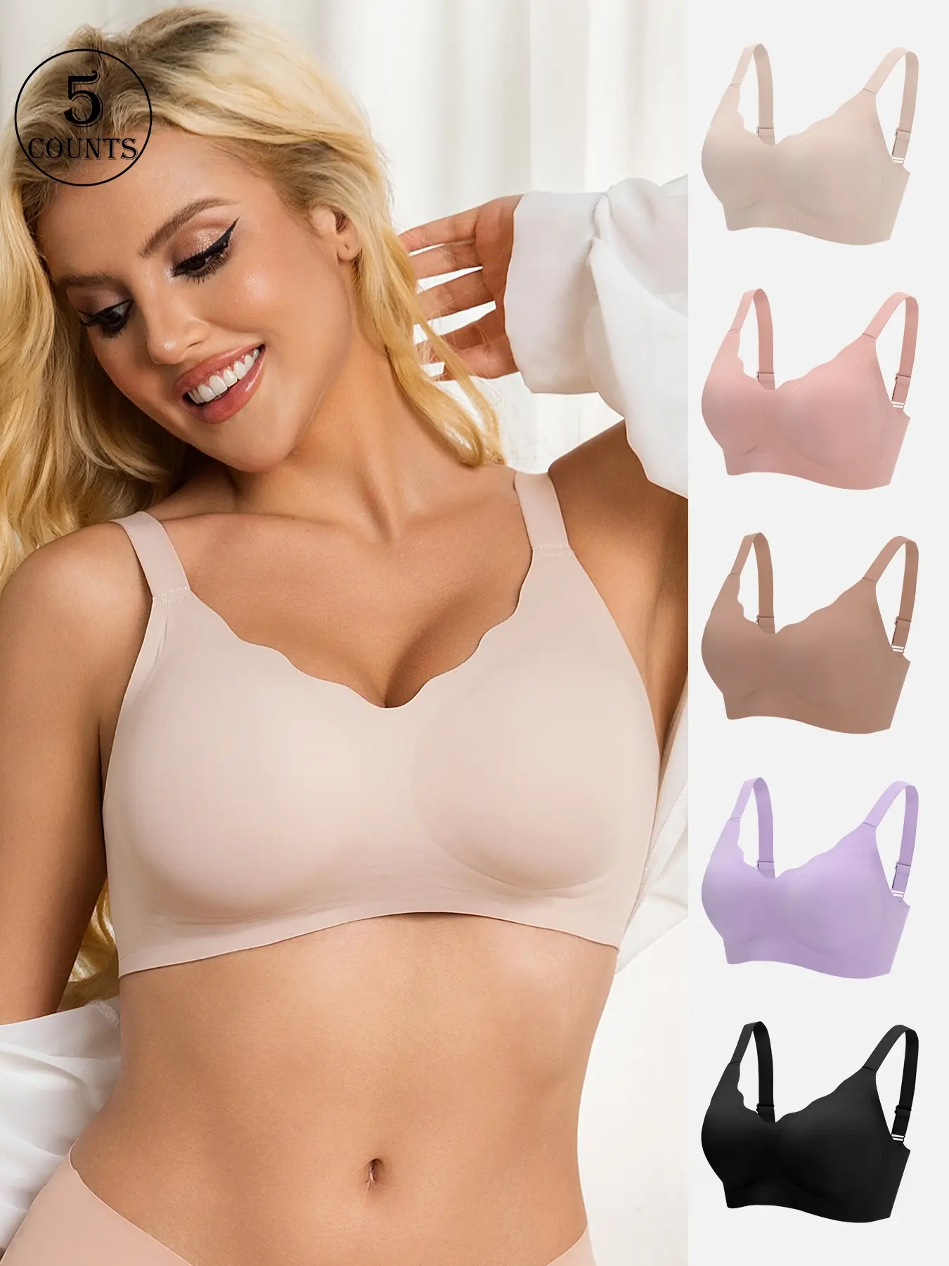 5-piece seamless jelly women's bras, suitable for daily wear, all-season, comfortable and skin-friendly. Wireless bras with lift and gather, padded with hook-and-eye back, perfect for yoga and sports, Breathable Comfy Bra, Non Slip Bra