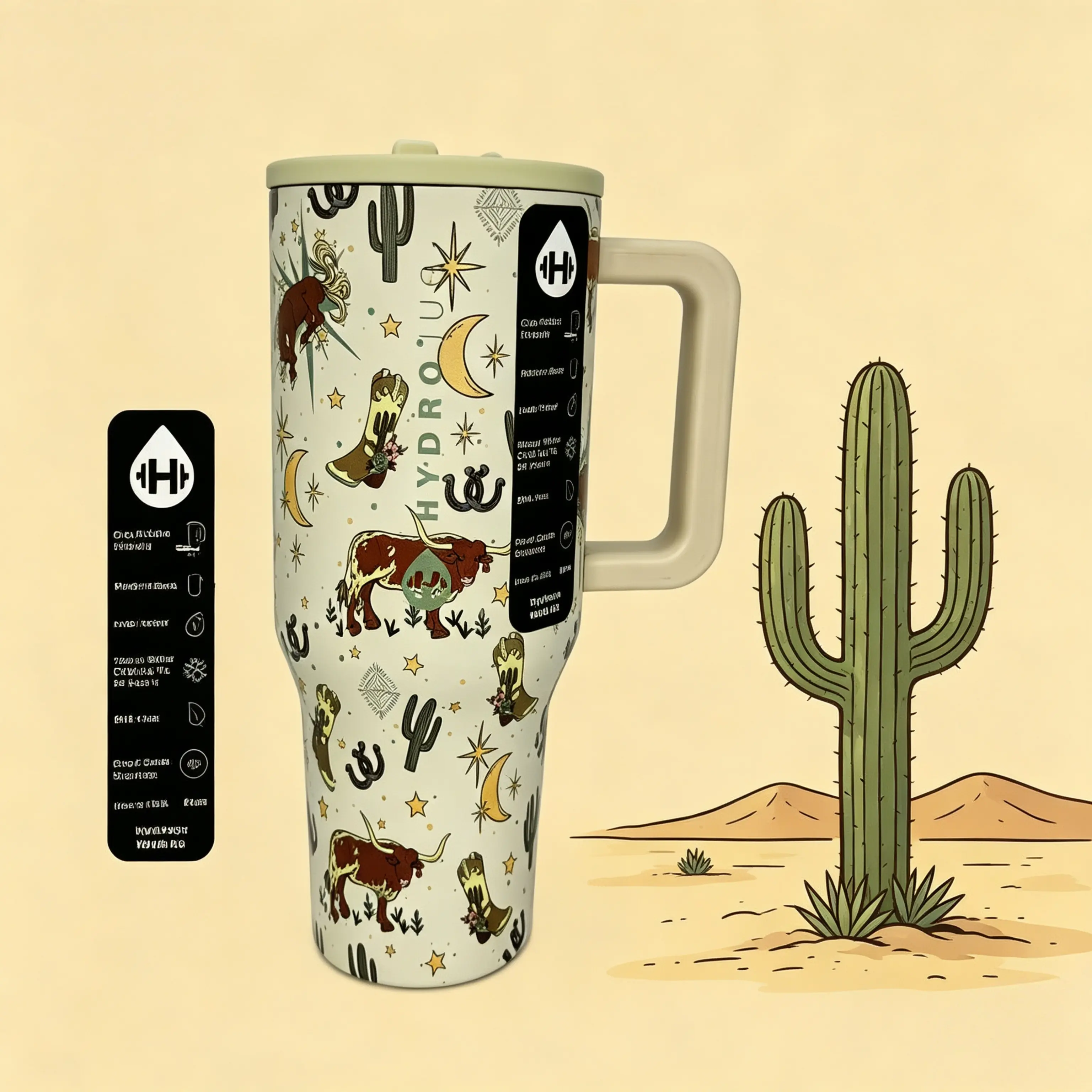 40oz Insulated Vacuum Flask Tumbler by HydroJug - Cute Western Cowboy Design, Aesthetic Cactus Print, Longhorn Print, Leak-Proof, Durable, Ideal for Road Trips, Rodeo Days, Flasks