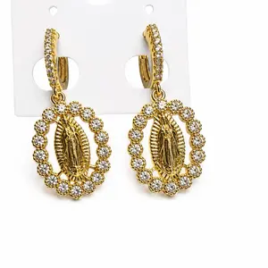 Our Lady of Guadalupe Gold Hoop Earrings | Virgin Mary CZ Dangle Earrings | Religious Catholic Jewelry | Faith Gift for Women