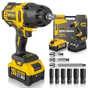 1pc 20V Cordless Impact Wrench, 1/2" Drive, 555 Ft-lbs Max Torque, Brushless Motor, 2000 RPM, with 6 Sockets, 3 Extension Bars, 4.0 AH Li-ion Battery, Fast Charge, US Plug, Iron Material, Power Supply Operated
