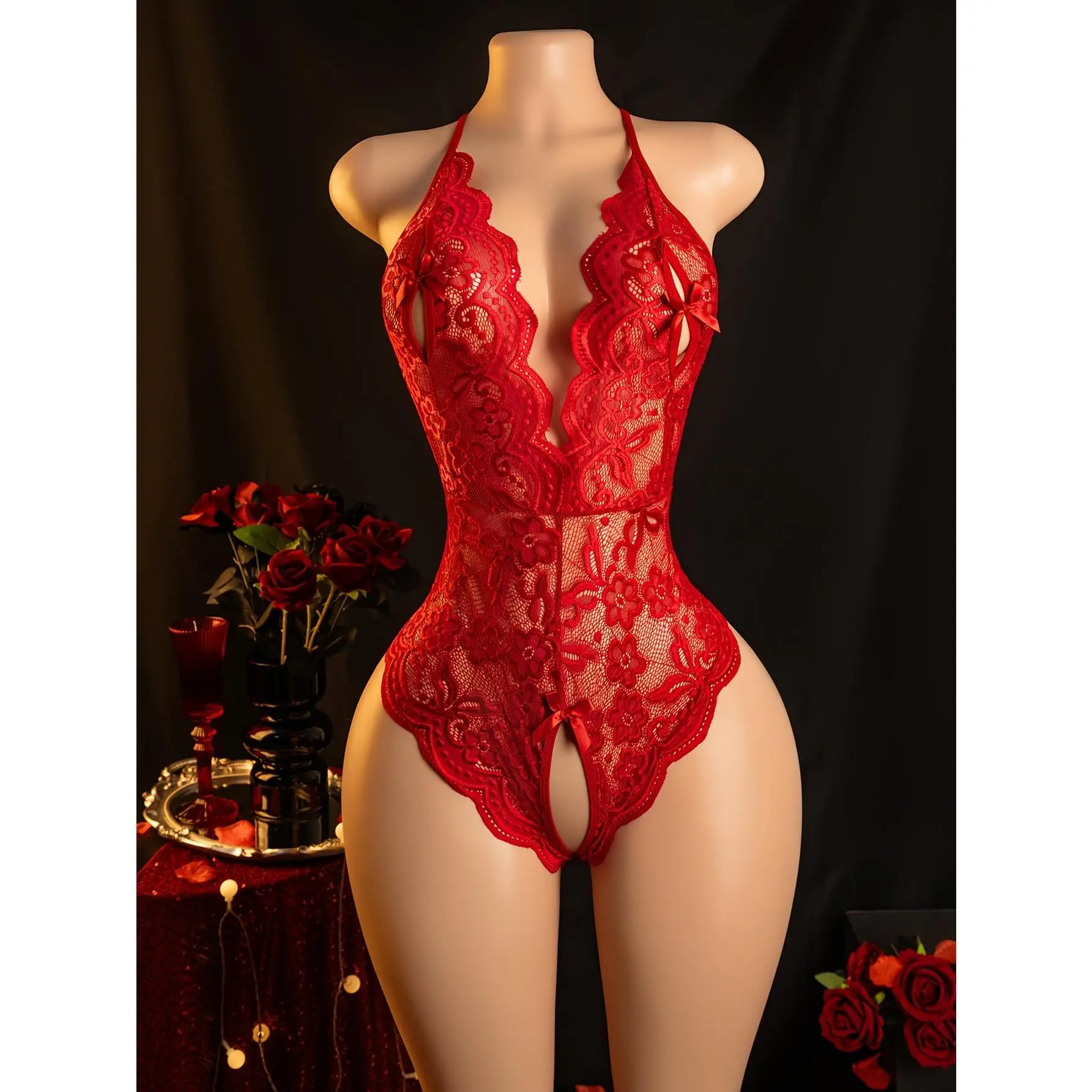 Women's Lacy Floral Stretchy Nightgown Onesie - Soft Fabric, Lace Trim Lingerie Sleepwear