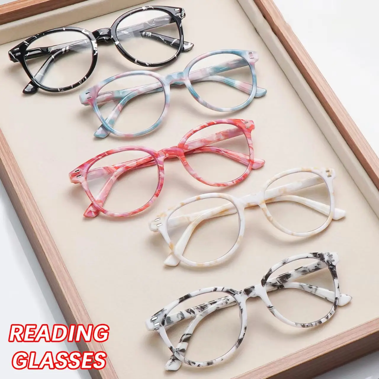 5-Pack Reading Glasses for Women, Bluelight Blocking & UV Protection High Quality Eyewear with Adjustable Spring Hinges, Round Printed Frames, Reading Eyewear, Female Wear, Round Frames