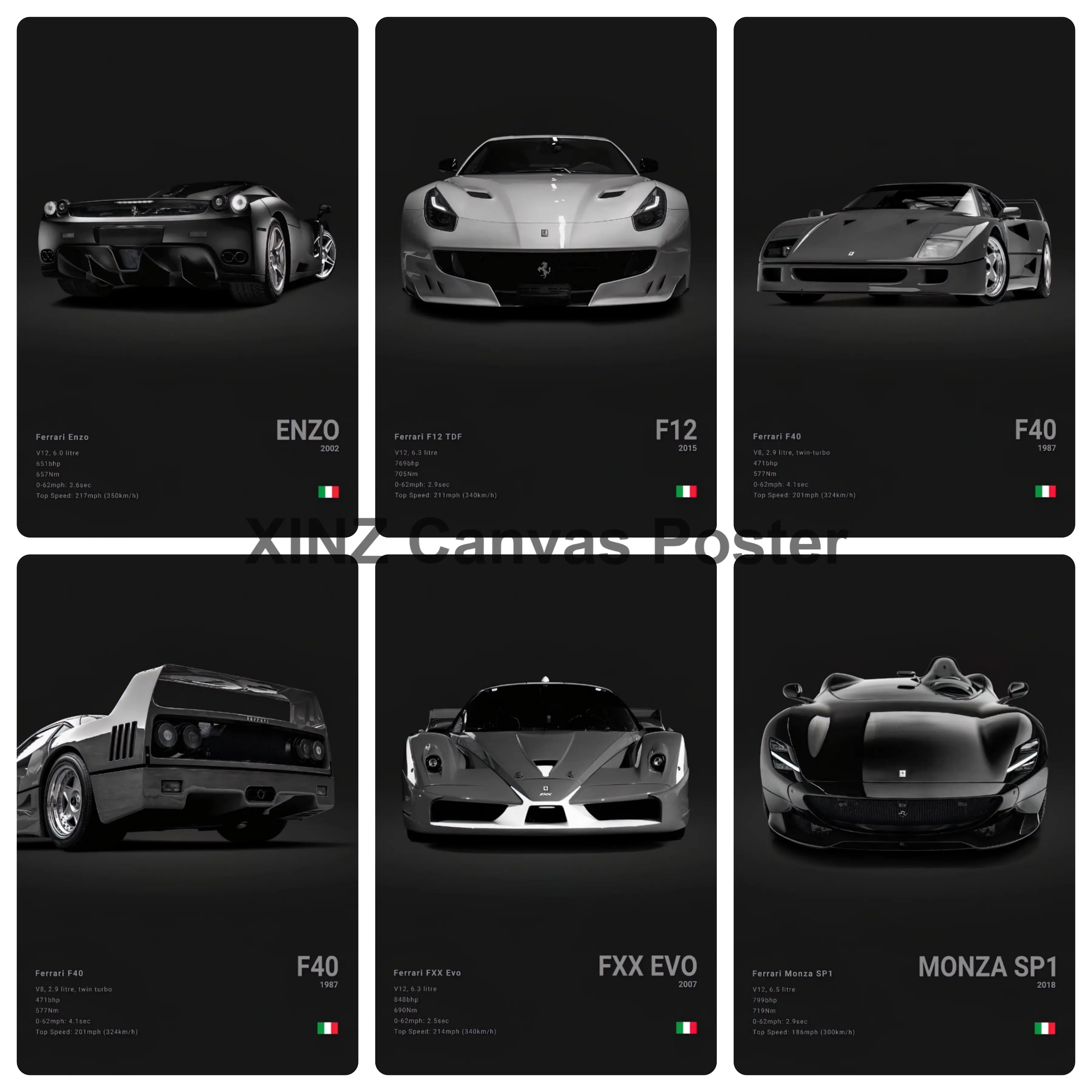 Vintage Black-White Classic Supercar Specification Canvas Poster - Enzo, F40, FXX Evo Prints, Man Cave Decor, Home Aesthetic Wall Art for Men's Bedrooms, Automotive Culture Merch