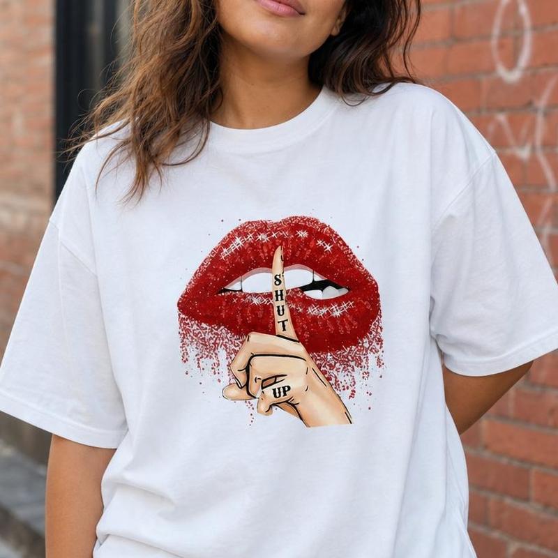 Women's Plus Size 100% Cotton Short-Sleeve Graphic Print Tee - Drop Shoulder Short Sleeve Tops, Breathable Casual Wear Shirt with Sassy Red Lips Design