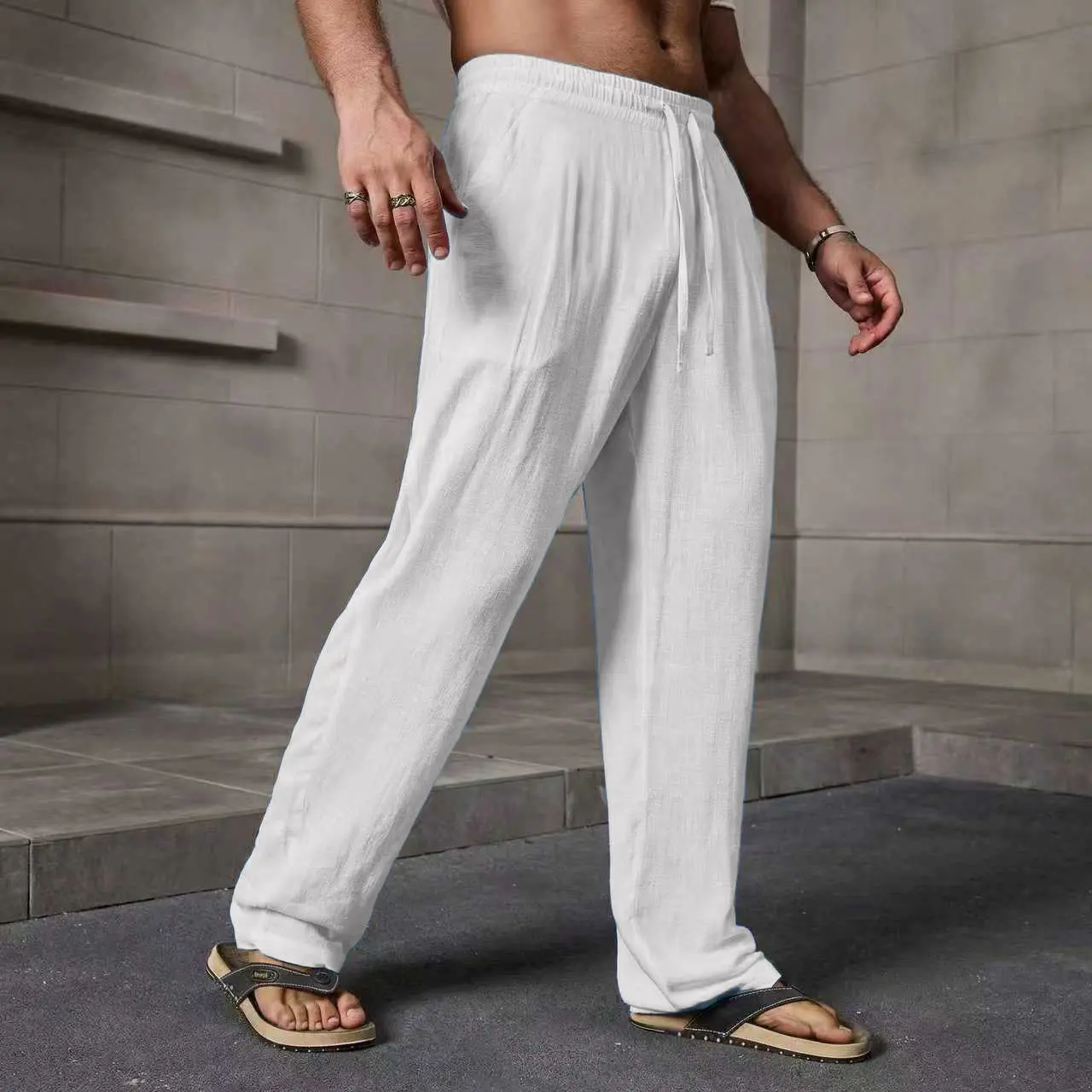 Men’s summer lightweight casual retro long pants | Loose fit, tie design for versatility, suitable for indoor gatherings and outdoor activities, 100% polyester, minimalist design
