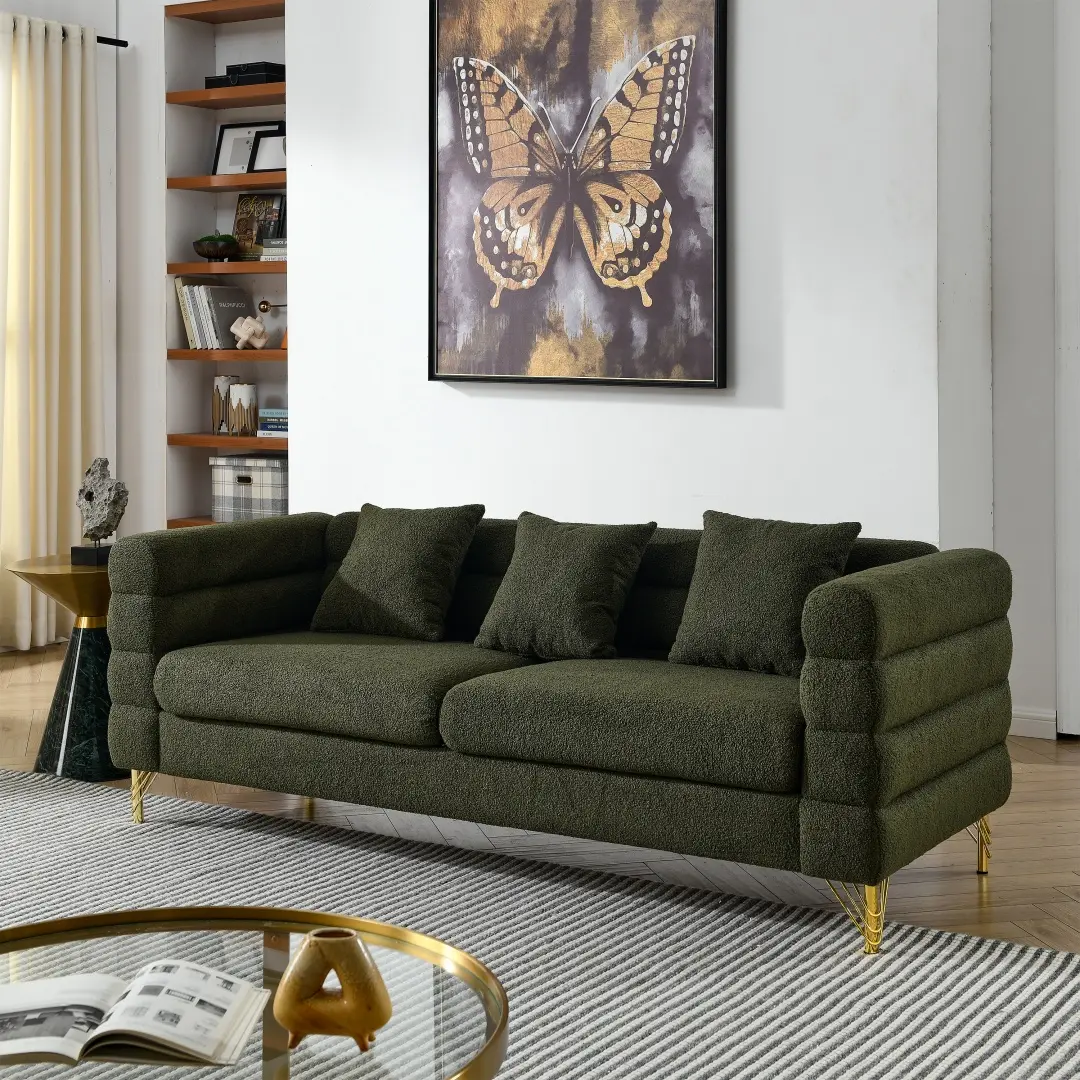 Modern Sofa Couch, Oversized 3 Seater Sofa, 81" W Teddy Bouclé Oversized Loveseat Cloud Sofa, Upholstered Tufted Comfy Deep Seat Couch with Gold Legs & Pillows for Living Room, Bedroom, Office, Apartment (3 Seater, Green)
