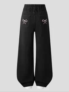 Teen Girls Washed Denim Jeans with Embroidered Bow Design, Loose Fit Elastic Waistband, All Season Wearable, Cute Style