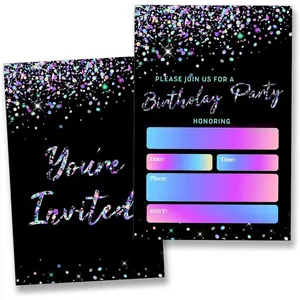 Glitter Birthday Party Invitations for Boys Girls Black Birthday Celebration Party Invites (20 Cards with Envelopes) Double Sided Design