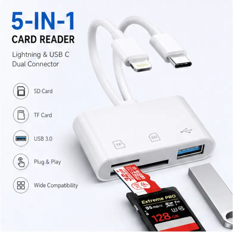 5-in-1 SD Card Reader Multiport Adapter - Compact Cordless Dual USB-C & Lightning Model with USB C Interface, 5Gbps Fast Transfer for SD/MicroSD, Plug-and-Play No App Required for iPhone/iPad