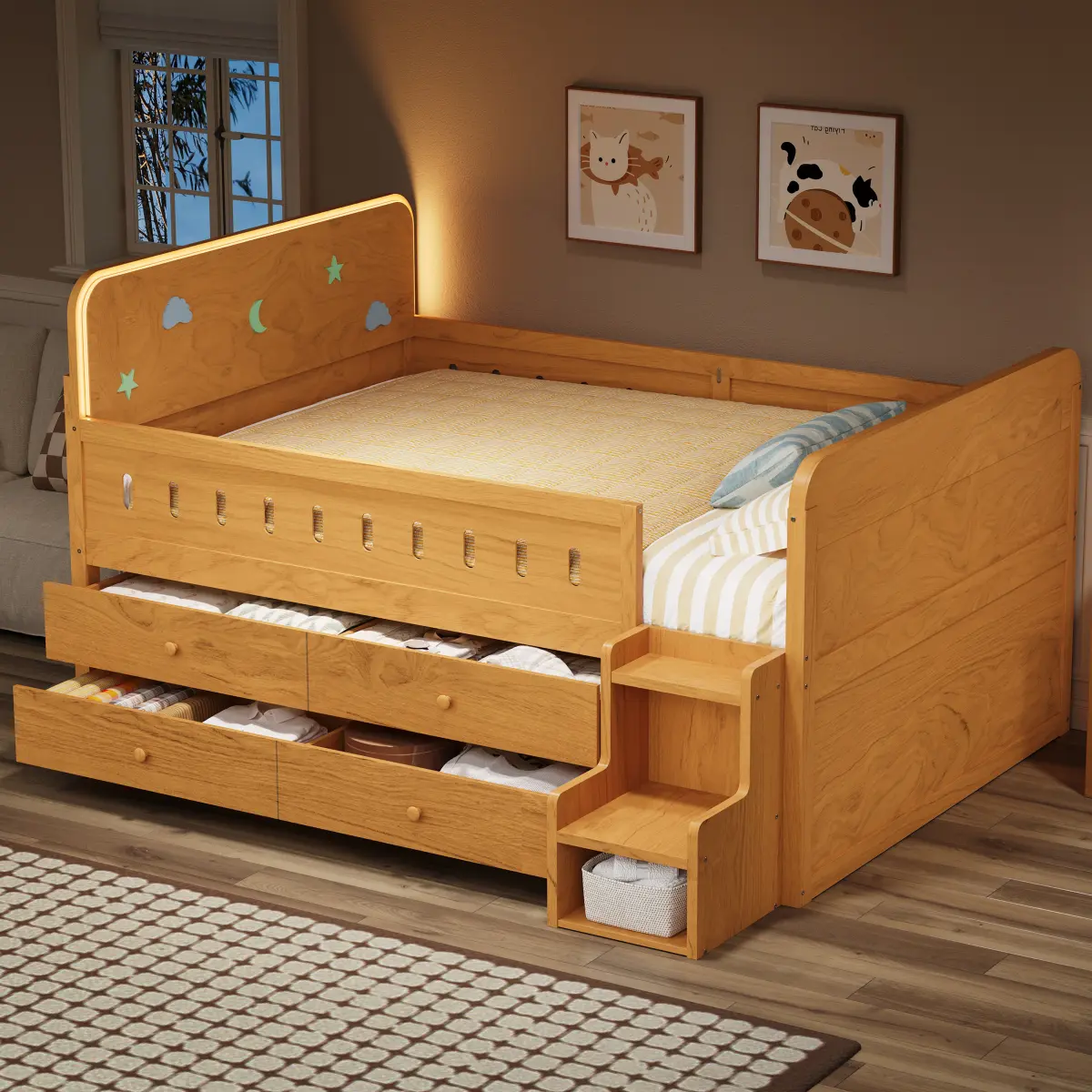 [Bellemave]Wooden Full Size Bed with LED Light, Storage Drawers, Wood color