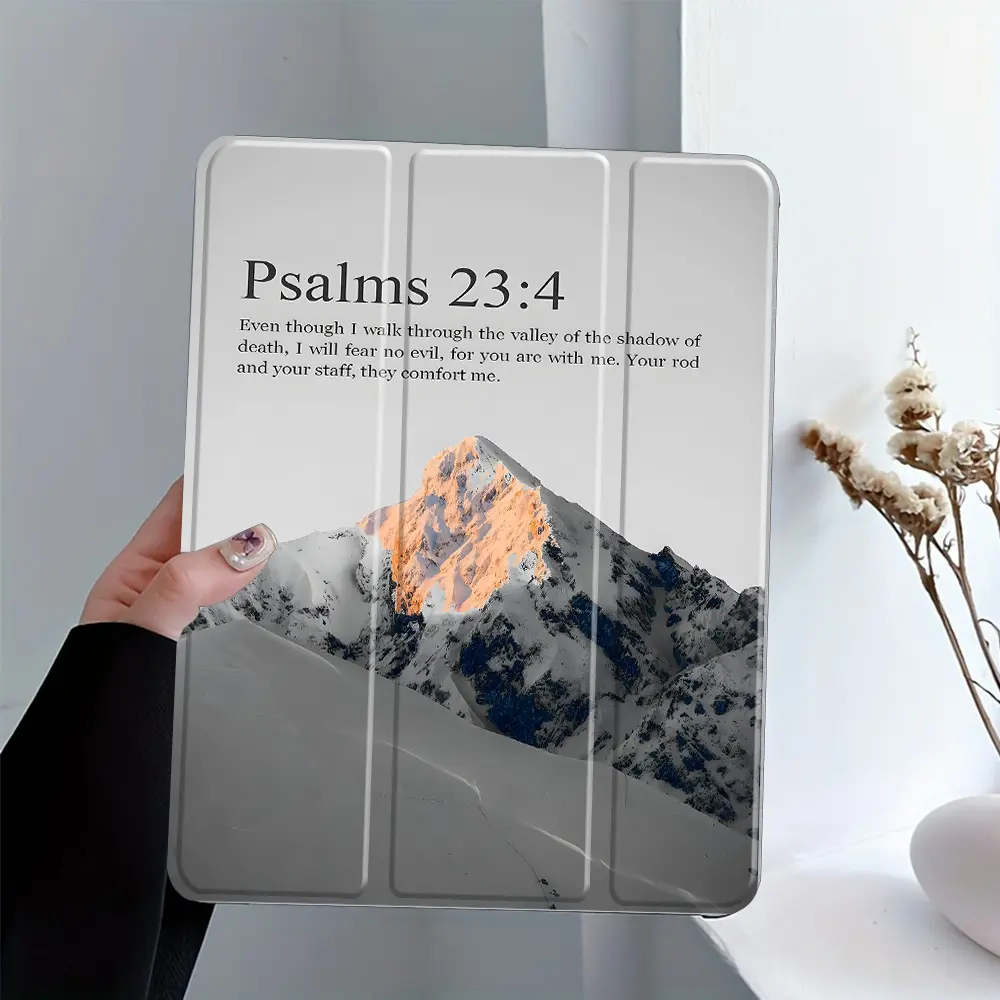 This inspirational Bible-inspired case features a mountain landscape design, an adjustable stand and pen holder, and a foldable, non-slip TPU protective case suitable for Samsung, iPad mini, iPad Air, iPad Pro/iPad 10th and 11th generation iPads.