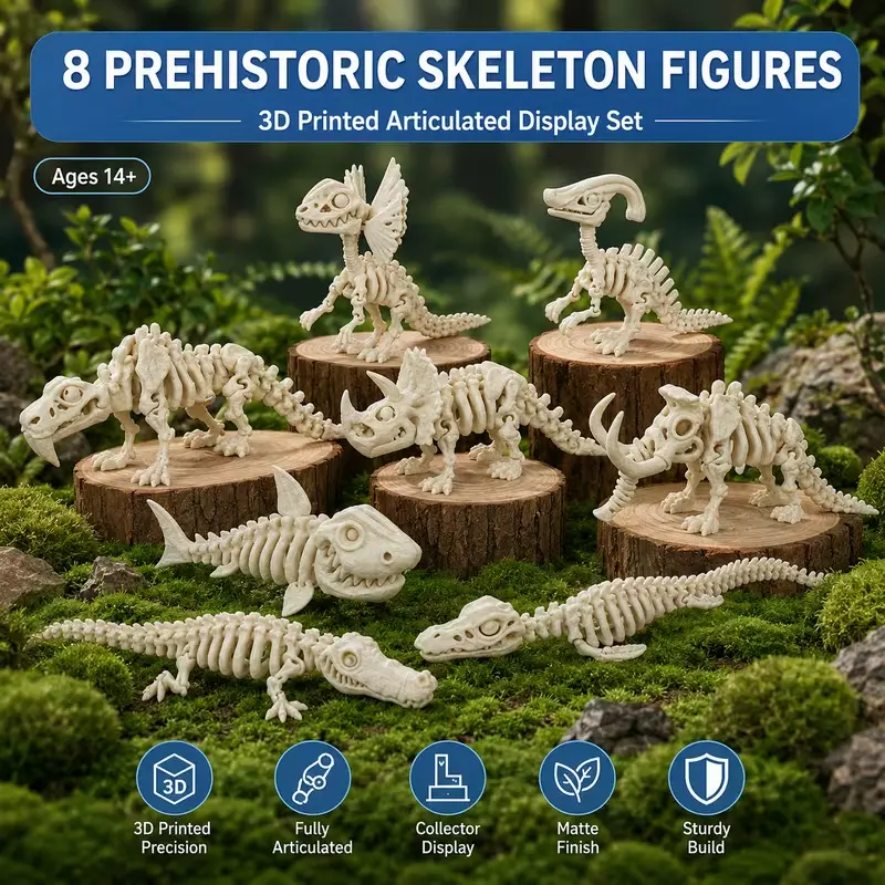 8PCS 3D Printed Articulated Prehistoric Skeleton Figurine Set, Flexible Dinosaur, Marine Reptile & Ice Age Creature Models, Bone-Style Natural History Desk Decor, Collectible Shelf Display Gift for Adults