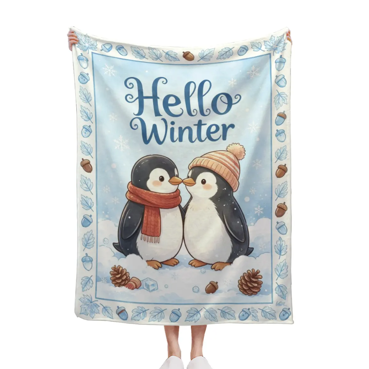 Hello Winter Watercolor Penguin Soft Fleece Throw Blanket, Anti-Allergic Quilt, Cozy Blue Winter Home Decor Textile, Anti-Allergic Quilts