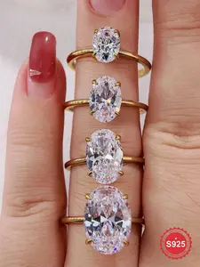 S925 Sterling Silver Oval Shaped Artificial Zircon Ring, Luxury Bridal Elegant Engagement Ring for Women, Trendy All-match & Exquisite Jewelry for Birthday Gift