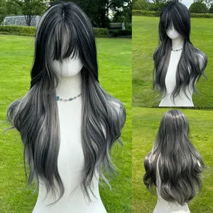 SMILCO/28Inch Highlight Black With Silver Long Curly With Bangs Synthetic Wig/SM518