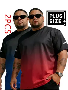 1XL-6XL, 2-piece set of plus size men's quick drying T-shirt, gradient breathable elastic short sleeved sports T-shirt with reflective cuffs, suitable for sports and running, Athletic Running Tee