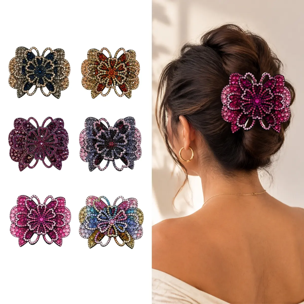 6 Pcs Vintage Rhinestone Hair Clips Royal Court Style Spring Barrette Flower Crystal Hair Claws Non-Slip Sparkly Ponytail Holder Hair Accessories for Women Thick Hair