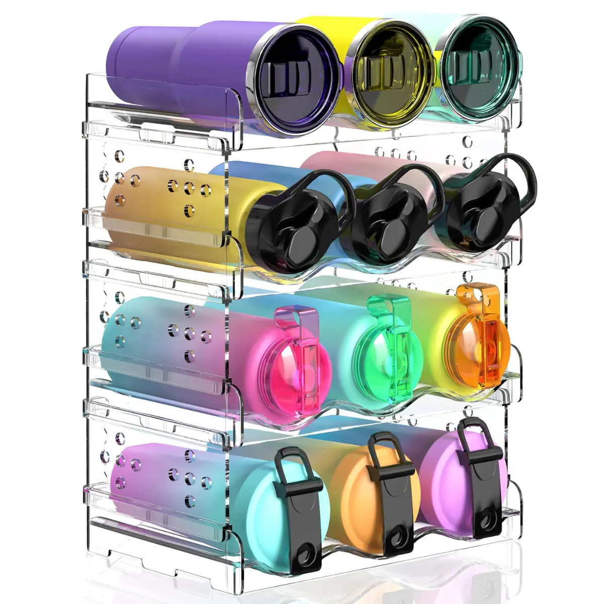 4-Pack Rectangle 4-Layer Space Saver Water Bottle Organizer, Free-Standing Stackable Cup Holder Rack for Cabinet, Countertop, Home Storage Organization