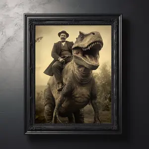 Cowboy Riding a Dinosaur Vintage Art Print Dark Dark Academia Gothic Home Decor Vintage Western Poster