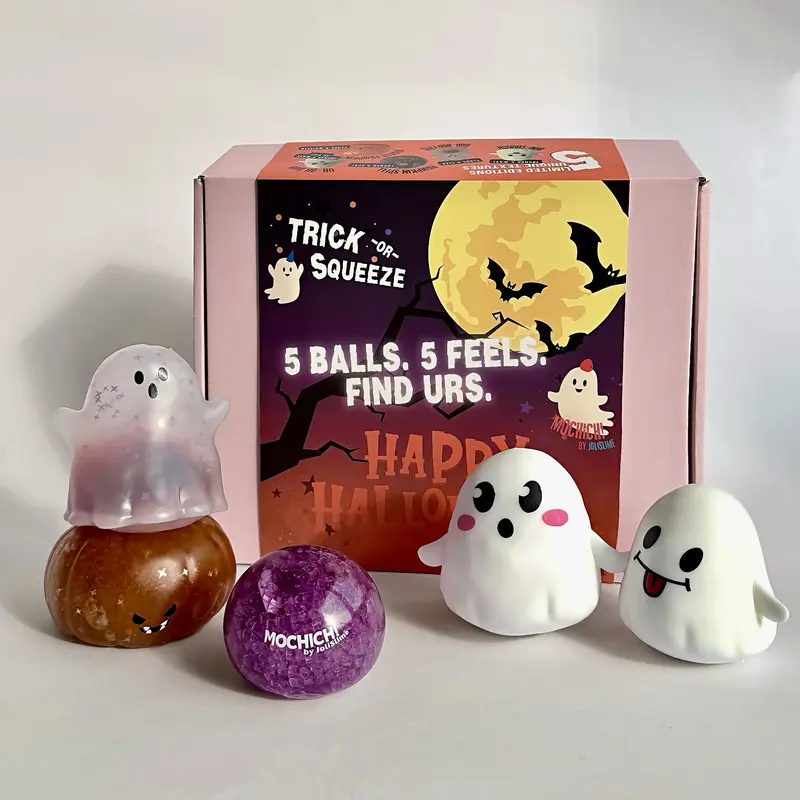 MOCHICHI 5-Pack Halloween Squishy Stress Balls Squishies Toys - 5 Different Textures, Trick or Squeeze Sensory Fidget Toy Set, Perfect Christmas Gift/Stocking Stuffer for Kids & Family