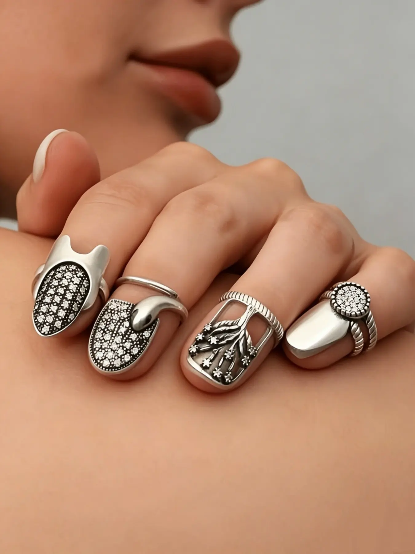 4 Pcs Bohemian Vintage Nail Rings, Halloween Open Ring, Open Circle Ring, Boho Jewelry, Adjustable Fit, Perfect for Daily Wear, Parties, Valentine's Gift, Elegant Manicure Decor