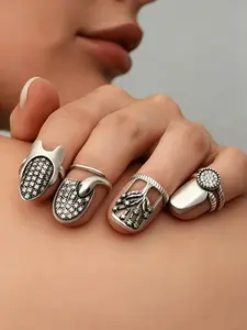 4 Pcs Bohemian Vintage Nail Rings, Halloween Open Ring, Boho Jewelry, Adjustable Fit, Perfect for Daily Wear, Parties, Valentine's Gift, Elegant Manicure Decor
