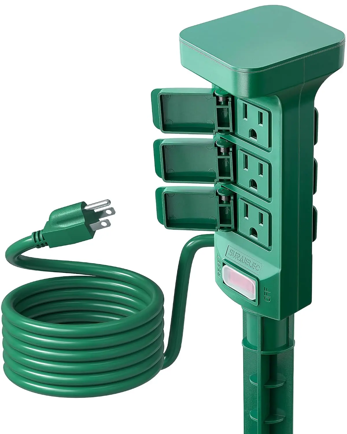 SURAIELEC 6FT Outdoor Power Stake Waterproof, 6 Grounded Outlets Power Strip Weatherproof, 6FT Extension Cord Outlet for Yard, Garden, Christmas Decoration, Patio, Outdoor Light, 1875W/15A, Green