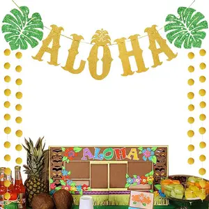 Hawaiian Party Banner Set Glitter Aloha Letter Flag with Double-sided Pineapple and Tropical Leaf Decorations for Luau Themed Celebrations