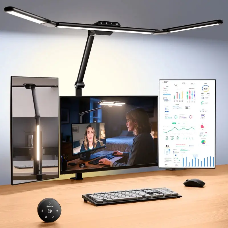 Quntis 32.5" Architect Desk Lamp for Office Home Dorm - Eye Care 3 Light Bar 1100LM Bright Ambient Backlight Radar Sensor Remote Control 2H Timer Workbench Drafting Reading Video Conference Task