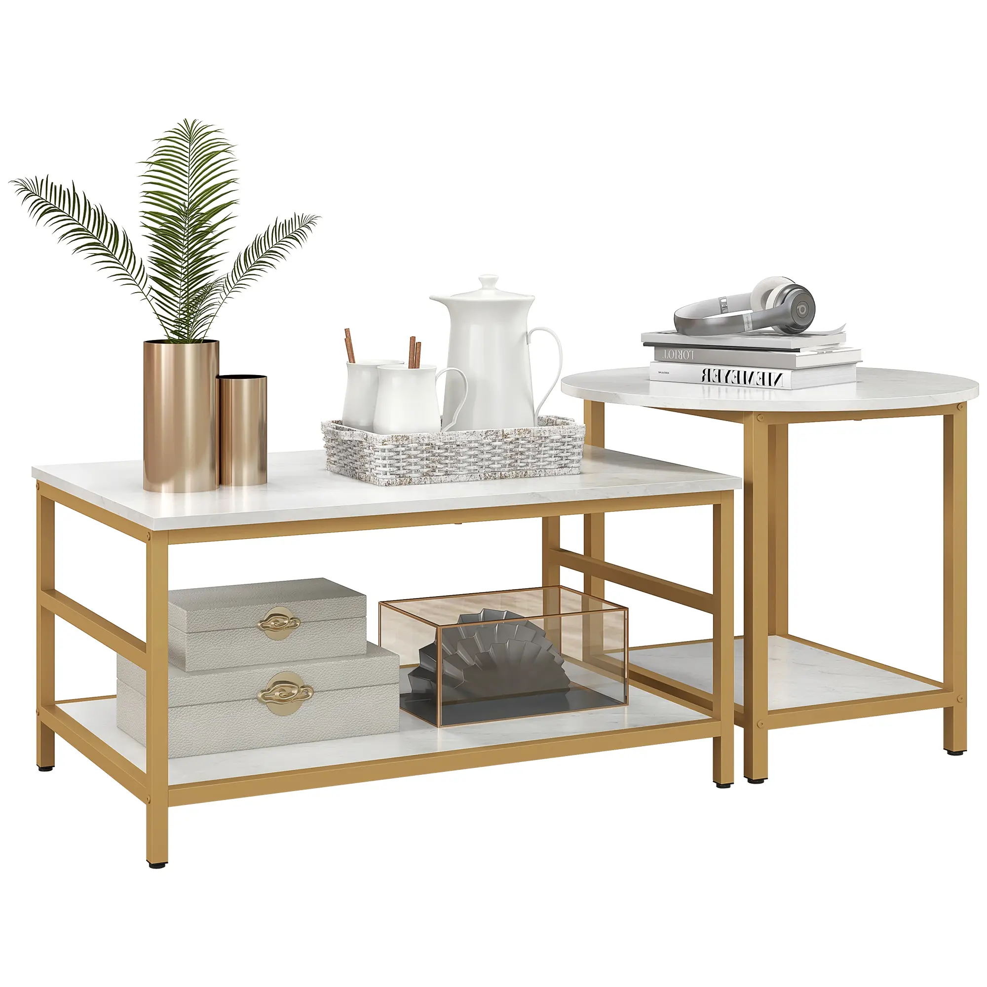 HOMCOM Coffee Tables Set of 2, 2-Rier Rectangle and Round Coffee Table with Storage Shelves, Faux Marble Top and Steel Frame, Sofa Side Table for Living Room, White