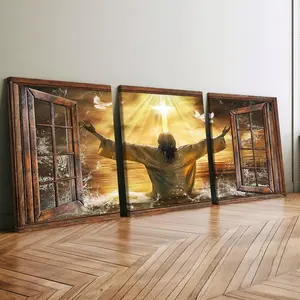 3-Piece Wood Framed Canvas Art Set, Religious Theme Posters, Modern Home Decor, High-Definition Print, Waterproof Wall Art