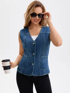 INSPIRE CHIC Women's Casual Denim Vest V Neck Patch Pockets Button Down Sleeveless Jean Jacket