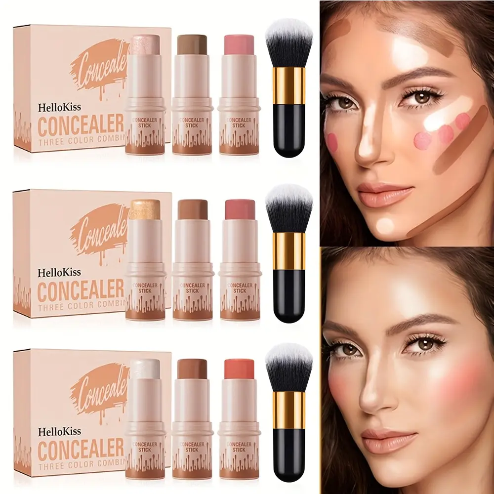 Hellokiss 3-Piece Cream Makeup Set, Cosmetics Products - Waterproof Blush, Rouge, Highlighter & Multi-Balm Stick with Brush, Buildable Medium Coverage with Plant-Derived Squalane, Flawless Glow Look for Halloween, Christmas