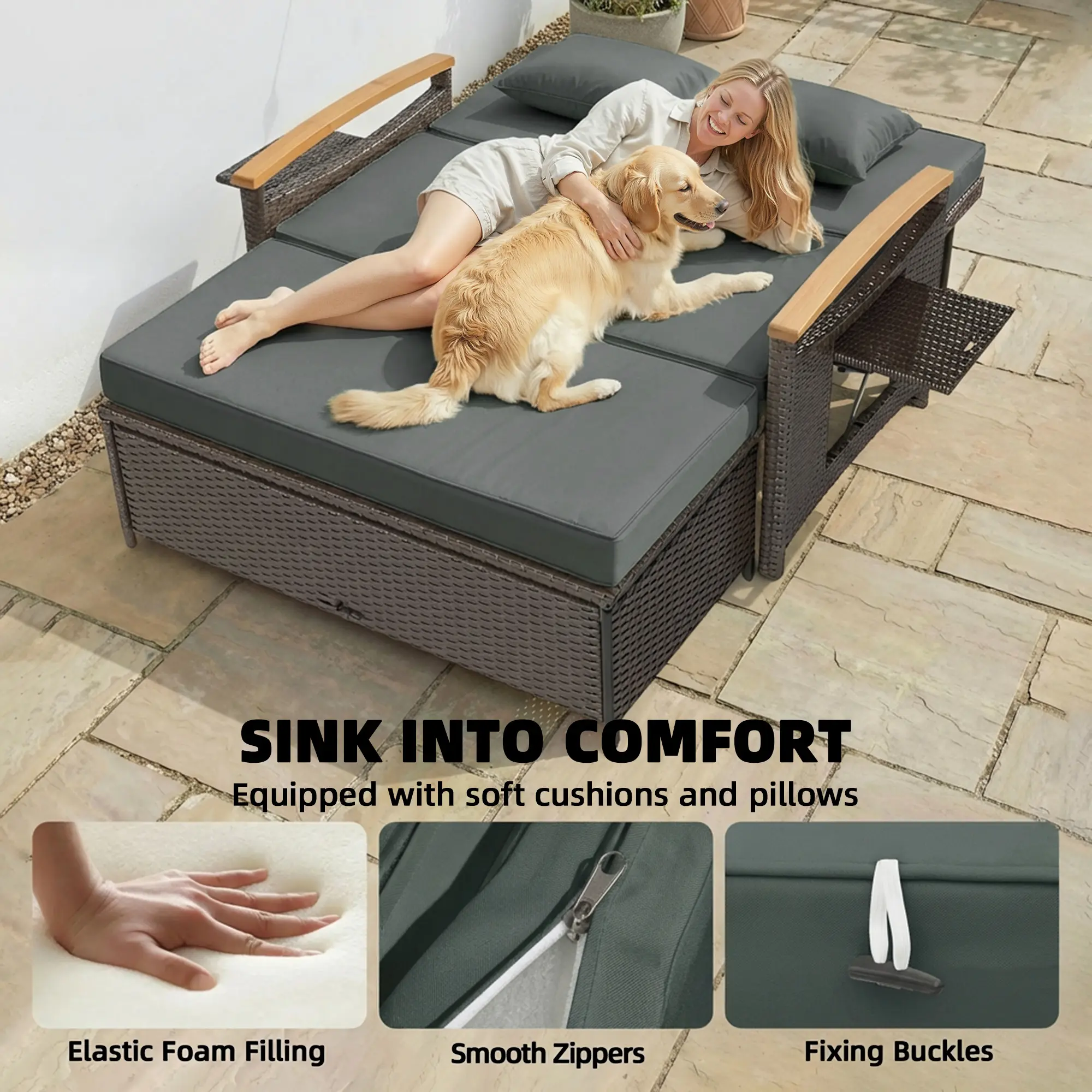Rattan Outdoor Daybed w/4-Level Adjustable Backrest, Patio Sofa Bed w/Storage Ottoman, Acacia Wood Armrest, Mixed Gray, 1 X Loveseat Sofa, 12.2" L X 10.2" W X 15" H