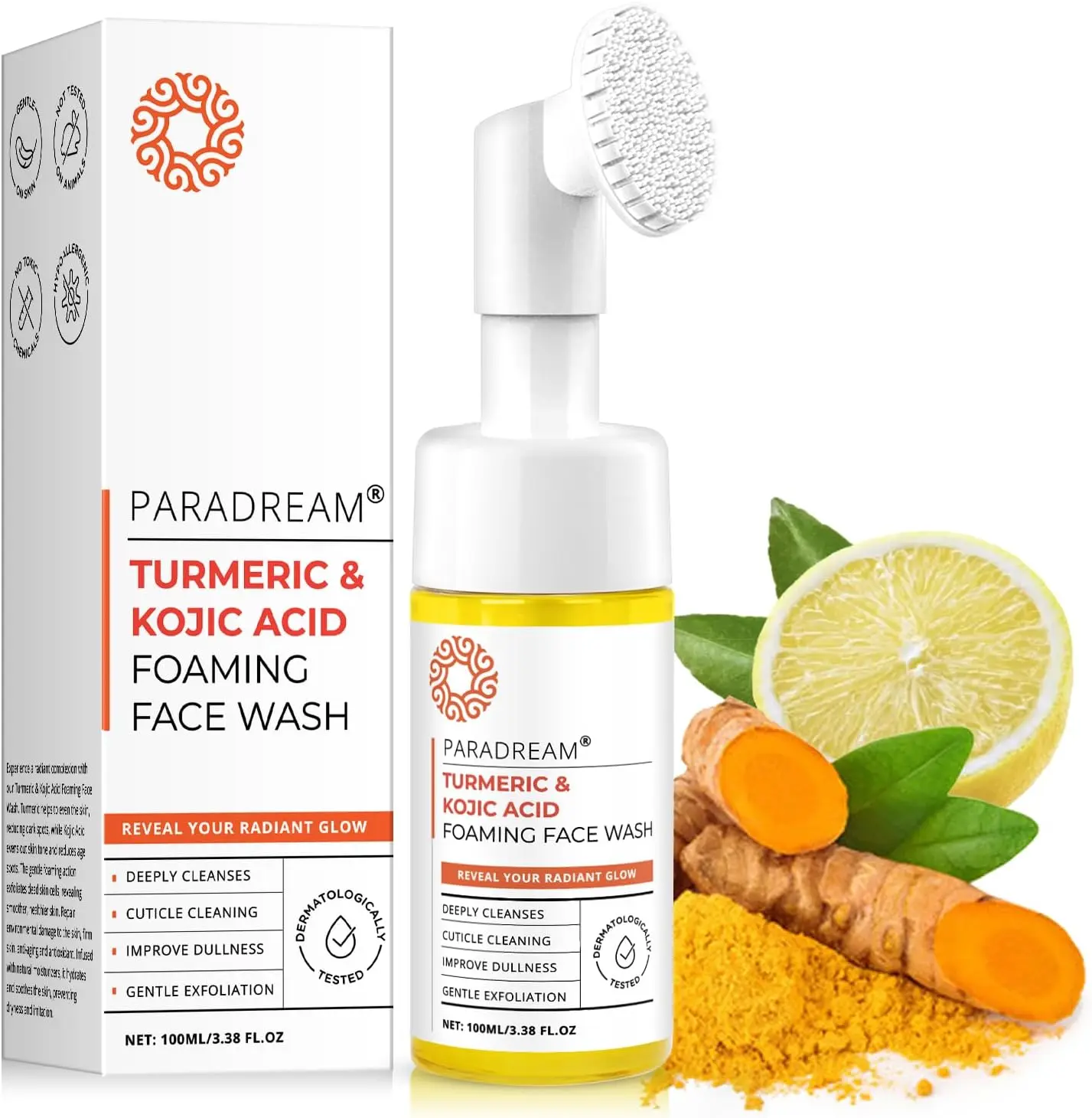 Turmeric Kojic Foaming Facial Cleanser: Turmeric Exfoliating Face Wash with Brush - Cleaning wash for Acne Skin Fades Oily Skin - Deep Clean Pores for Women and Men 100 ML