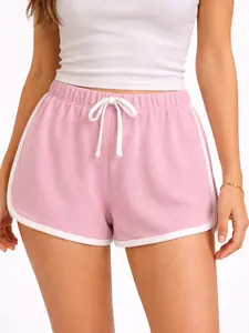 Women's Light Pink Contrast Trim Lounge Shorts – Drawstring Dolphin Hem Knit Shorts