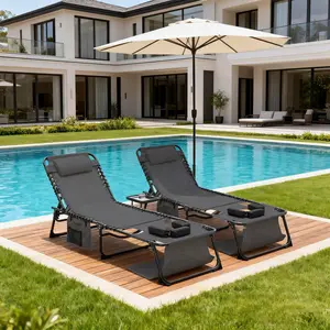 Foldable Sunbathing Lounge Chair Set of 2, Face Rest Cutout and Arm Openings, 5 Level Reclining Backrest, Portable Tanning Bed for Poolside Backyard, Black
