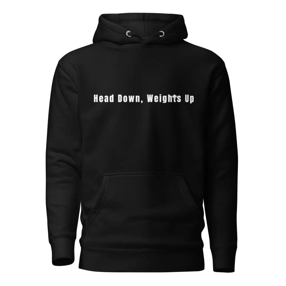 Unisex "Head Down, Weights Up" Hoodie – Motivational Gym Wear (available in black, grey, maroon, & navy blue)