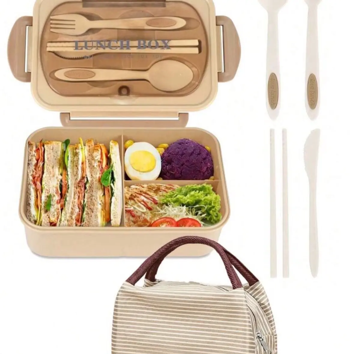 1200ml Adult Lunch Box with Bag, Leak-Proof Bento Box with 3 Compartments, Microwave Safe, Includes Utensils - Kitchen, Christmas, khaki