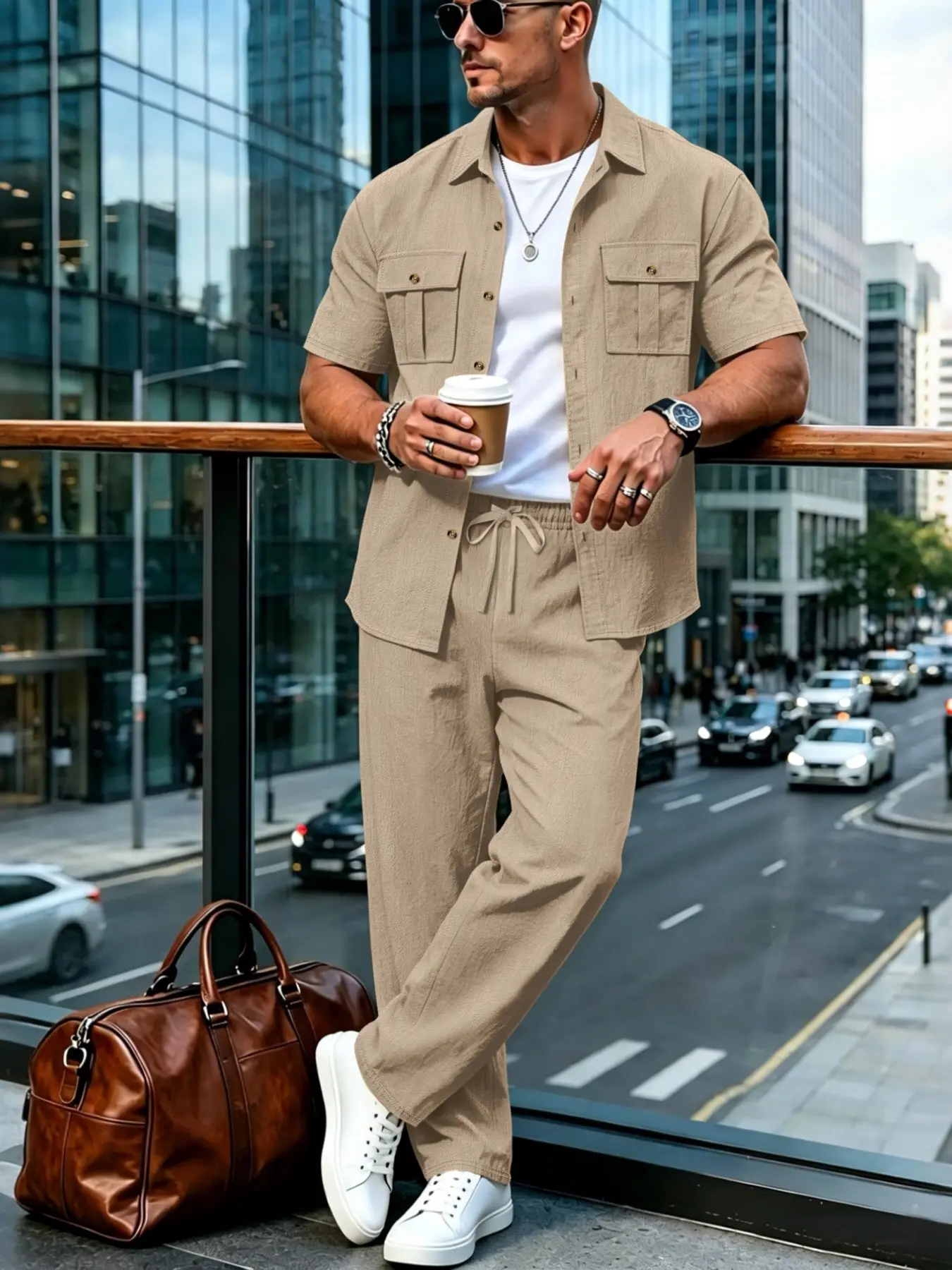 Summer Linen Style Men's Casual Short Sleeve Shirt and Long Pants Set, Resort Wear Set, Breathable Loose Fit Two-Piece, Drawstring Waist, Ideal for Vacation and Daily Wear Clothes
